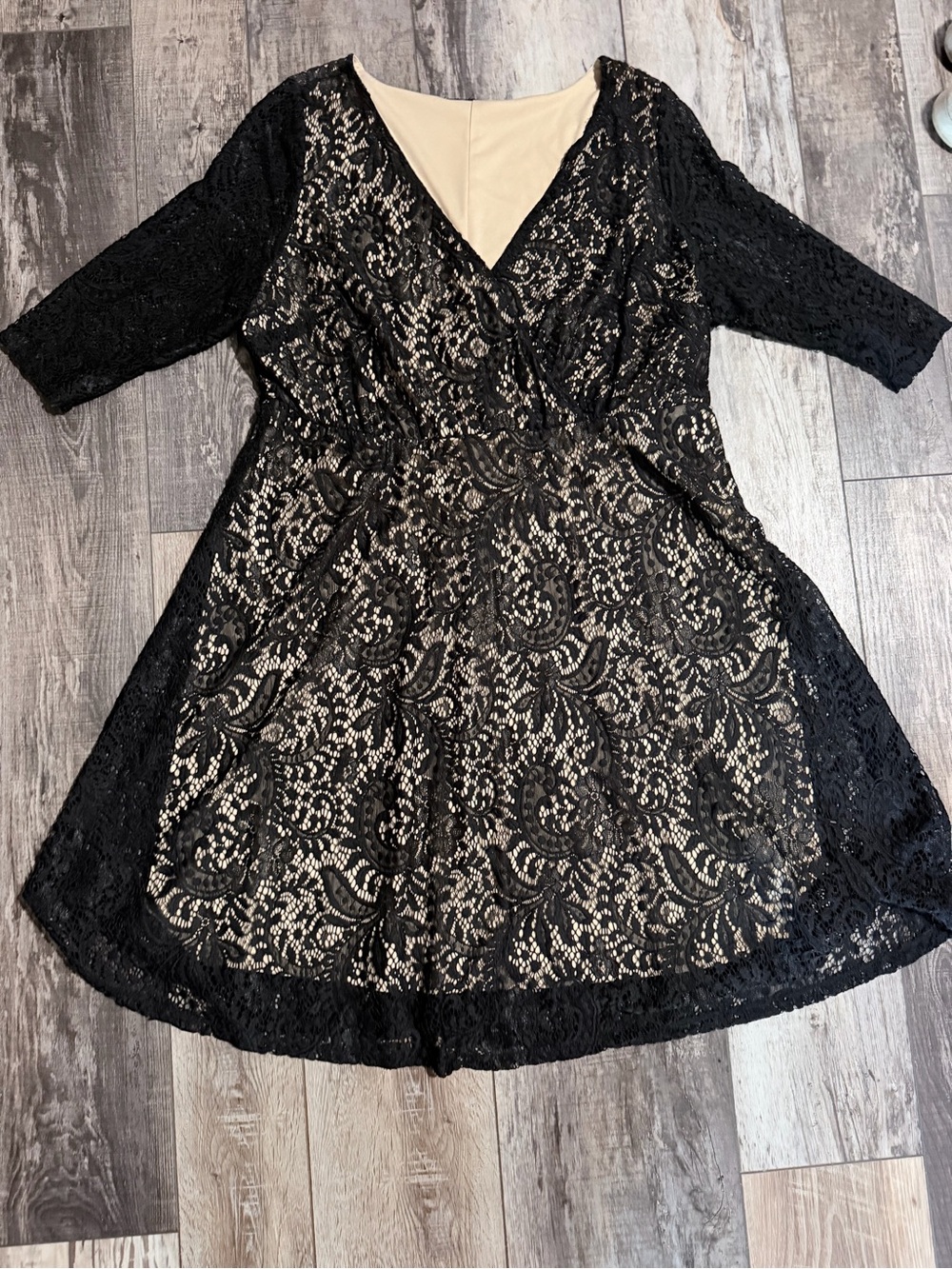 Black Lace Midi Dress with Nude Lining